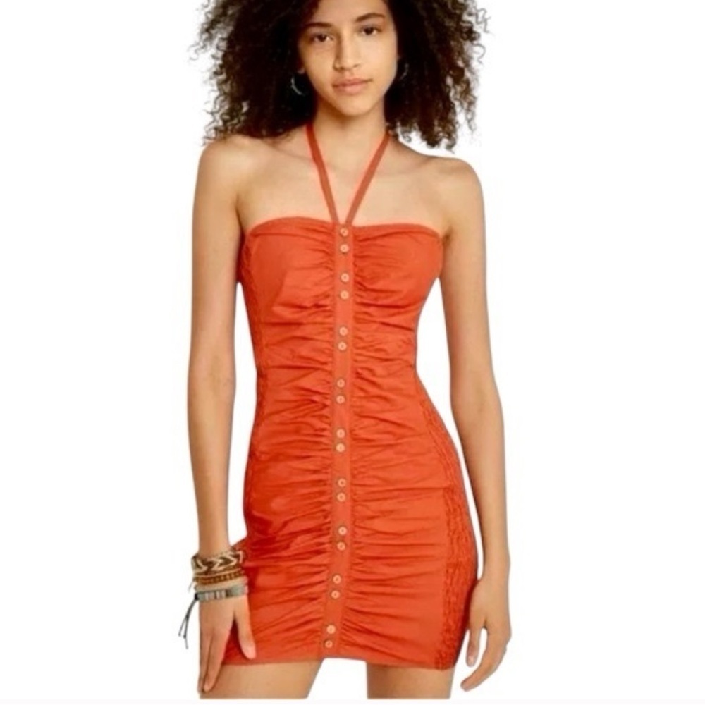 Free People dress sleeveless Hold On Ruched & smocked tie neck mini rust red